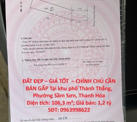 ĐẤT ĐẸP – GIÁ TỐT – CHÍNH CHỦ CẦN BÁN GẤP Tại khu phố Thành Thắng, Phường Sầm Sơn, Thanh Hóa