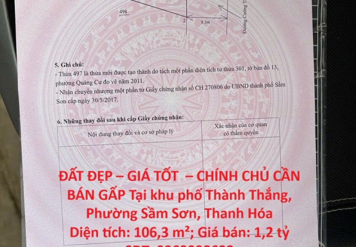 ĐẤT ĐẸP – GIÁ TỐT  – CHÍNH CHỦ CẦN BÁN GẤP Tại khu phố Thành Thắng, Phường Sầm Sơn, Thanh Hóa
