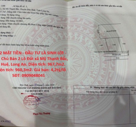 ĐẤT 2 MẶT TIỀN - ĐẦU TƯ LÀ SINH LỜI - Chính Chủ Bán 2 Lô Đất xã Mỹ Thạnh Bắc, Đức Huệ, Long An