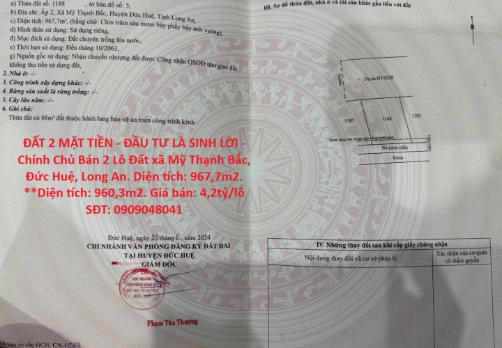 ĐẤT 2 MẶT TIỀN - ĐẦU TƯ LÀ SINH LỜI - Chính Chủ Bán 2 Lô Đất xã Mỹ Thạnh Bắc, Đức Huệ, Long An