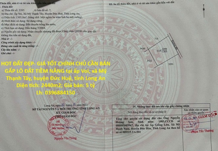 HOT ĐẤT ĐẸP- GIÁ TỐT CHÍNH CHỦ CẦN BÁN GẤP LÔ ĐẤT TIỀM NĂNG tại huyện Đức Huệ, tỉnh Long An
