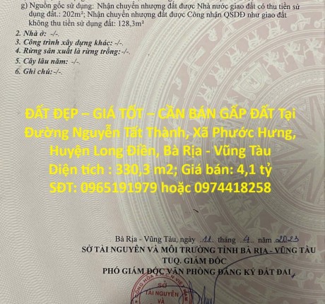 ĐẤT ĐẸP – GIÁ TỐT – CẦN BÁN GẤP ĐẤT Tại Xã Phước Hưng, Huyện Long Điền, Bà Rịa - Vũng Tàu