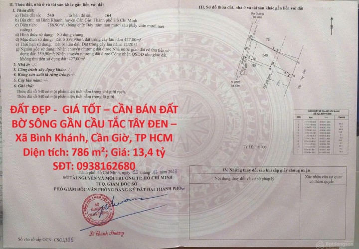 ĐẤT ĐẸP -  GIÁ TỐT – CẦN BÁN ĐẤT BỜ SÔNG GẦN CẦU TẮC TÂY ĐEN – Xã Bình Khánh, Cần Giờ, TP HCM