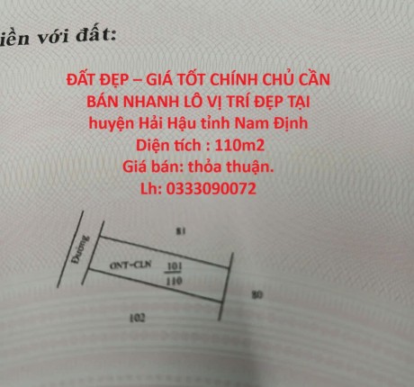 ĐẤT ĐẸP – GIÁ TỐT CHÍNH CHỦ CẦN BÁN NHANH LÔ VỊ TRÍ ĐẸP TẠI huyện Hải Hậu tỉnh Nam Định