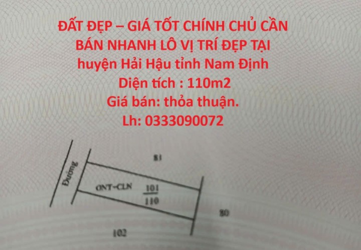 ĐẤT ĐẸP – GIÁ TỐT CHÍNH CHỦ CẦN BÁN NHANH LÔ VỊ TRÍ ĐẸP TẠI huyện Hải Hậu tỉnh Nam Định