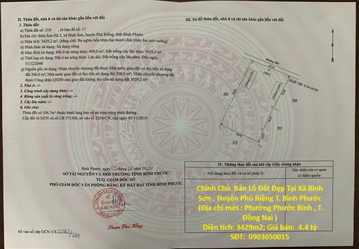 Chính Chủ  Bán Lô Đất Đẹp Tại Xã Bình Sơn , Huyện Phú Riềng T. Bình Phước