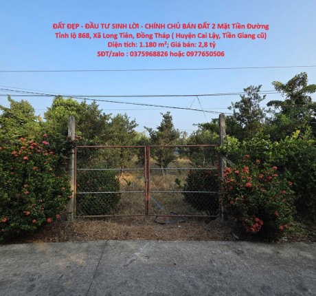 ĐẤT ĐẸP - ĐẦU TƯ SINH LỜI - CHÍNH CHỦ BÁN ĐẤT 2 Mặt Tiền Đường Tỉnh lộ 868, Xã Long Tiên, Đồng Tháp