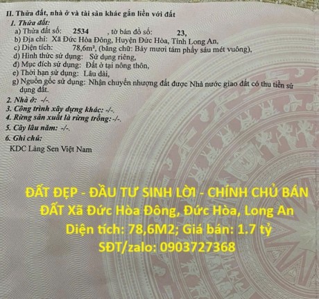 ĐẤT ĐẸP - ĐẦU TƯ SINH LỜI - CHÍNH CHỦ BÁN ĐẤT Xã Đức Hòa Đông, Đức Hòa, Long An