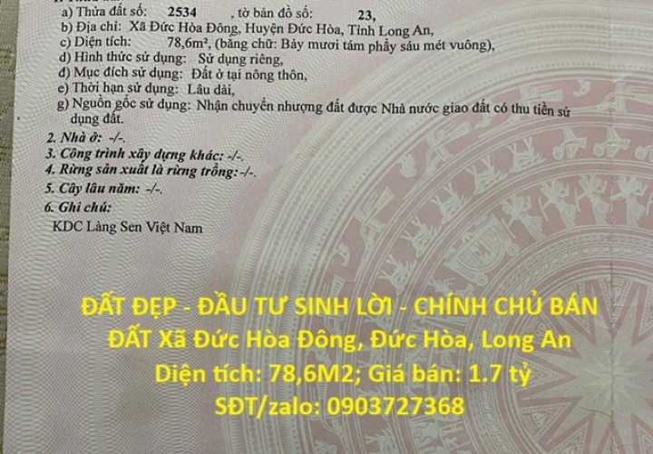 ĐẤT ĐẸP - ĐẦU TƯ SINH LỜI - CHÍNH CHỦ BÁN ĐẤT Xã Đức Hòa Đông, Đức Hòa, Long An