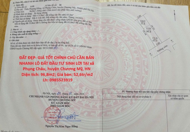 ĐẤT ĐẸP- GIÁ TỐT CHÍNH CHỦ CẦN BÁN NHANH LÔ ĐẤT ĐẦU TƯ SINH LỜI TẠI huyện Chương Mỹ, tp Hà Nội