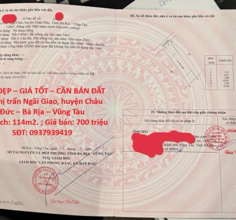 ĐẤT ĐẸP – GIÁ TỐT – CẦN BÁN ĐẤT Tại Thị trấn Ngãi Giao, huyện Châu Đức – Bà Rịa – Vũng Tàu