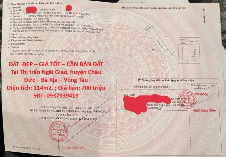 ĐẤT  ĐẸP – GIÁ TỐT – CẦN BÁN ĐẤT Tại Thị trấn Ngãi Giao, huyện Châu Đức – Bà Rịa – Vũng Tàu