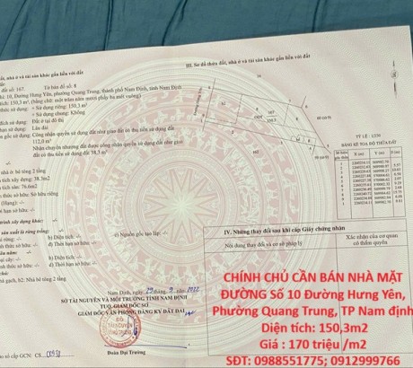 CHÍNH CHỦ CẦN BÁN NHÀ MẶT ĐƯỜNG Số 10 Đường Hưng Yên, Phường Quang Trung, TP Nam định