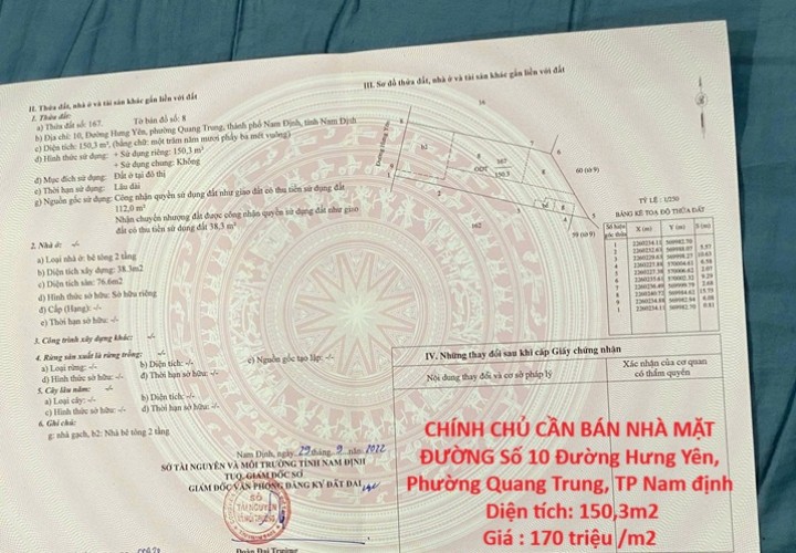 CHÍNH CHỦ CẦN BÁN NHÀ MẶT ĐƯỜNG Số 10 Đường Hưng Yên, Phường Quang Trung, TP Nam định