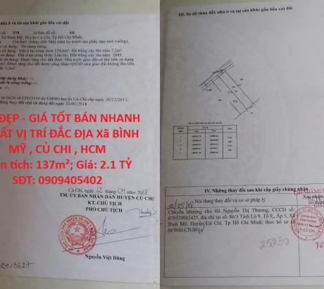 ĐẤT ĐẸP - GIÁ TỐT BÁN NHANH LÔ ĐẤT VỊ TRÍ ĐẮC ĐỊA Xã BÌNH MỸ , CỦ CHI , HCM