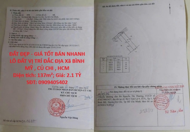 ĐẤT ĐẸP - GIÁ TỐT BÁN NHANH LÔ ĐẤT VỊ TRÍ ĐẮC ĐỊA Xã BÌNH MỸ , CỦ CHI , HCM