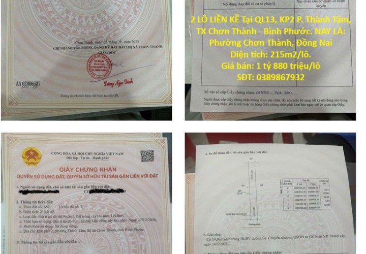 BÁN ĐẤT NỀN CHÍNH CHỦ - 2 LÔ LIỀN KỀ Tại QL13, KP2 P. Thành Tâm, TX Chơn Thành - Bình Phước