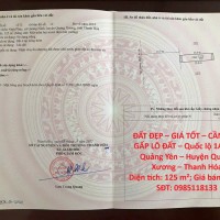 ĐẤT ĐẸP – GIÁ TỐT – CẦN BÁN GẤP LÔ ĐẤT – Quốc lộ 1A – Xã Quảng Yên – Huyện Quảng Xương – Thanh Hóa