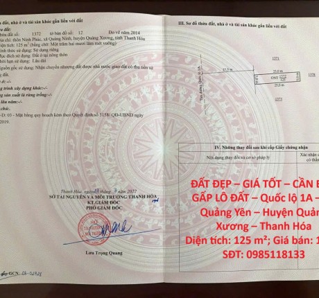 ĐẤT ĐẸP – GIÁ TỐT – CẦN BÁN GẤP LÔ ĐẤT – Quốc lộ 1A – Xã Quảng Yên – Huyện Quảng Xương – Thanh Hóa