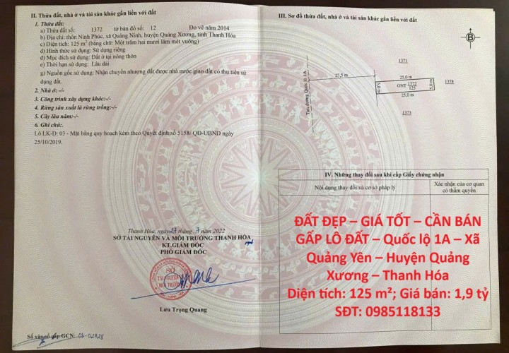 ĐẤT ĐẸP – GIÁ TỐT – CẦN BÁN GẤP LÔ ĐẤT – Quốc lộ 1A – Xã Quảng Yên – Huyện Quảng Xương – Thanh Hóa