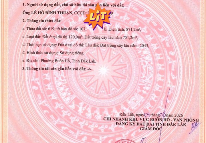 ĐẤT ĐẸP- GIÁ TỐT CHÍNH CHỦ CẦN BÁN NHANH LÔ ĐẤT HOÀNG QUỐC VIỆT, Phường BUÔN HỒ , Tỉnh ĐĂK LĂK