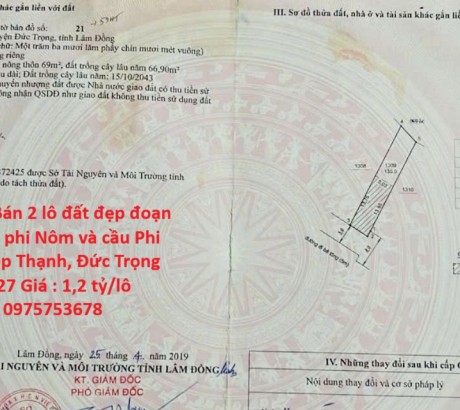 CHÍNH CHỦ Bán 2 lô đất đẹp đoạn giữa ngã ba phi Nôm và cầu Phi Nôm Xã Hiệp Thạnh, Đức Trọng