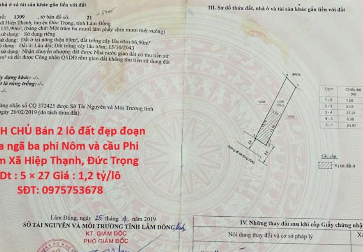 CHÍNH CHỦ Bán 2 lô đất đẹp đoạn giữa ngã ba phi Nôm và cầu Phi Nôm Xã Hiệp Thạnh, Đức Trọng