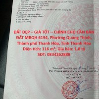ĐẤT ĐẸP – GIÁ TỐT – CHÍNH CHỦ CẦN BÁN ĐẤT MBQH 6194, Phường Quảng Thịnh, TP. Thanh Hóa, Tỉnh Thanh Hóa