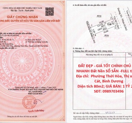 ĐẤT ĐẸP - GIÁ TỐT CHÍNH CHỦ BÁN NHANH Đất Nền SỔ SẴN -FULL thổ cư Phường Thới Hòa, Bến Cát