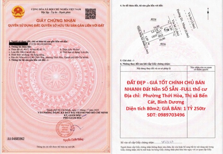 ĐẤT ĐẸP - GIÁ TỐT CHÍNH CHỦ BÁN NHANH Đất Nền SỔ SẴN -FULL thổ cư Phường Thới Hòa,  Bến Cát