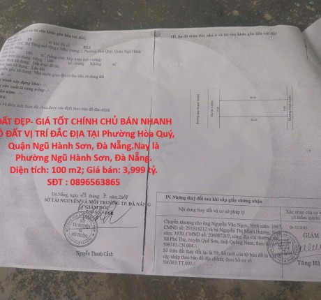 ĐẤT ĐẸP- GIÁ TỐT CHÍNH CHỦ BÁN NHANH LÔ ĐẤT VỊ TRÍ ĐẮC ĐỊA TẠI Phường Hòa Quý, Quận Ngũ Hành Sơn, Đà Nẵng.