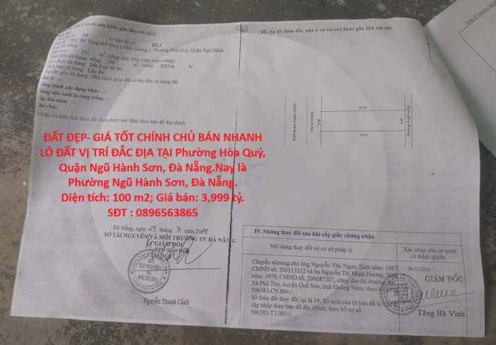 ĐẤT ĐẸP- GIÁ TỐT CHÍNH CHỦ BÁN NHANH LÔ ĐẤT VỊ TRÍ ĐẮC ĐỊA TẠI Phường Hòa Quý, Quận Ngũ Hành Sơn, Đà Nẵng.