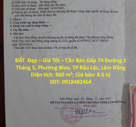 ĐẤT Đẹp – Giá Tốt – Cần Bán Gấp – Đường 1 Tháng 5 – Phường Blao – TP Bảo Lộc – Lâm Đồng