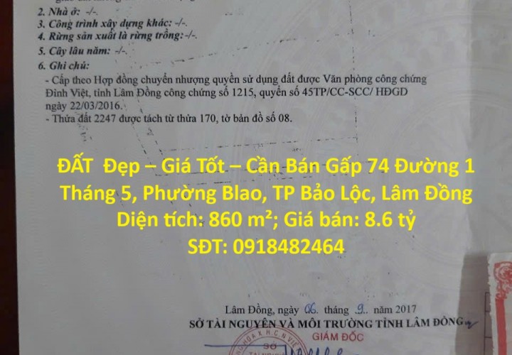 ĐẤT  Đẹp – Giá Tốt – Cần Bán Gấp – Đường 1 Tháng 5 – Phường Blao – TP Bảo Lộc – Lâm Đồng