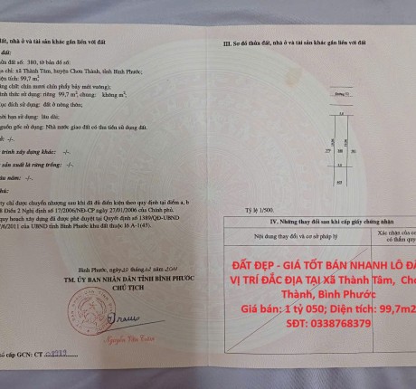ĐẤT ĐẸP - GIÁ TỐT BÁN NHANH LÔ ĐẤT VỊ TRÍ ĐẮC ĐỊA TẠI Xã Thành Tâm, Chơn Thành, Bình Phước