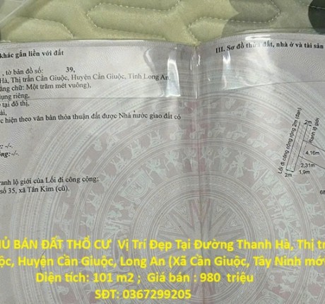 CHÍNH CHỦ BÁN ĐẤT THỔ CƯ Vị Trí Đẹp Tại TT CẦN GIUỘC, HUYỆN CẦN GIUỘC, TỈNH LONG AN