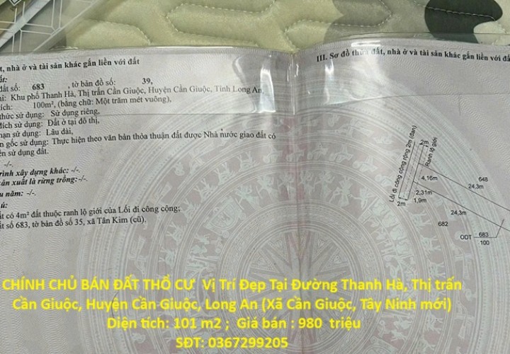 CHÍNH CHỦ BÁN ĐẤT THỔ CƯ  Vị Trí Đẹp Tại TT CẦN GIUỘC, HUYỆN CẦN GIUỘC, TỈNH LONG AN