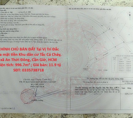 CHÍNH CHỦ BÁN ĐẤT Tại Vị Trí Đắc Địa mặt tiền Khu dân cư Tắc Cá Cháy, xã An Thới Đông, Cần Giờ. Dt 996.7 m2, full thổ cư.