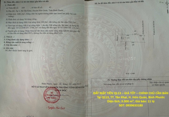 ĐẤT MẶT TIỀN QL13 – GIÁ TỐT – CHÍNH CHỦ CẦN BÁN Tại QL13, TT. Tân Khai, H. Hớn Quản, Bình Phước