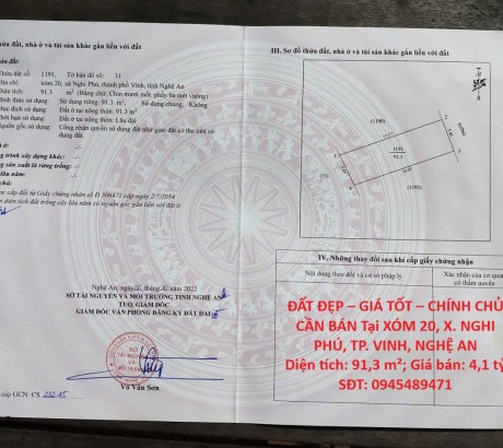 ĐẤT ĐẸP – GIÁ TỐT – CHÍNH CHỦ CẦN BÁN Tại XÓM 20, X. NGHI PHÚ, TP. VINH, NGHỆ AN