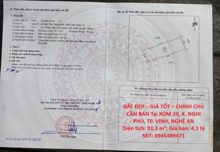 ĐẤT ĐẸP – GIÁ TỐT – CHÍNH CHỦ CẦN BÁN Tại XÓM 20, X. NGHI PHÚ, TP. VINH, NGHỆ AN