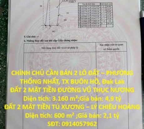 ĐẤT ĐẸP – GIÁ TỐT – CHÍNH CHỦ CẦN BÁN 2 LÔ ĐẤT – PHƯỜNG THỐNG NHẤT, TX BUÔN HỒ, Đak Lak