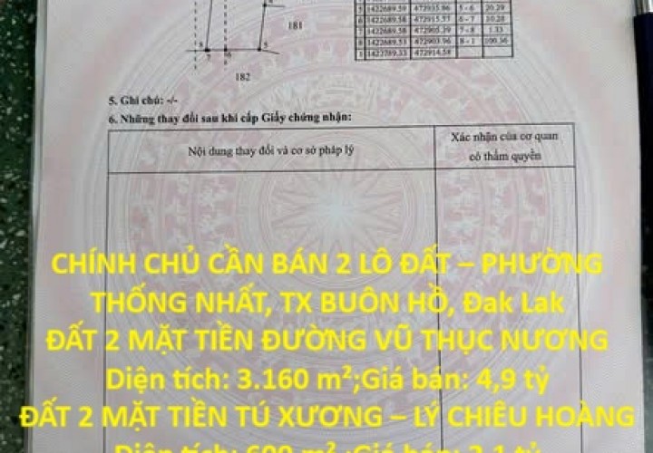 ĐẤT ĐẸP – GIÁ TỐT – CHÍNH CHỦ CẦN BÁN 2 LÔ ĐẤT – PHƯỜNG THỐNG NHẤT, TX BUÔN HỒ, Đak Lak