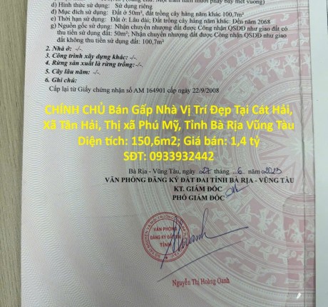 CHÍNH CHỦ Bán Gấp Nhà Vị Trí Đẹp Tại Cát Hải, Xã Tân Hải, Thị xã Phú Mỹ, Tỉnh Bà Rịa Vũng Tàu