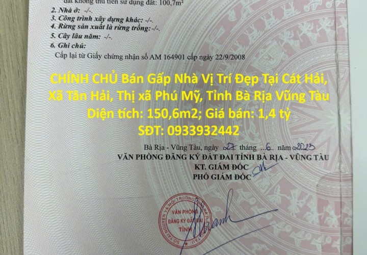 CHÍNH CHỦ Bán Gấp Nhà Vị Trí Đẹp Tại Cát Hải, Xã Tân Hải, Thị xã Phú Mỹ, Tỉnh Bà Rịa Vũng Tàu