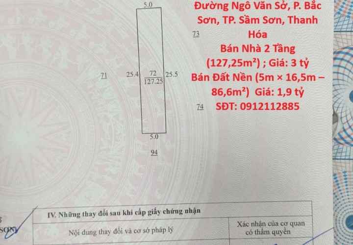 CHÍNH CHỦ BÁN NHÀ & ĐẤT SẦM SƠN – GIÁ ĐẦU TƯ Tại Đường Ngô Văn Sở, P. Bắc Sơn, TP. Sầm Sơn, Thanh Hóa