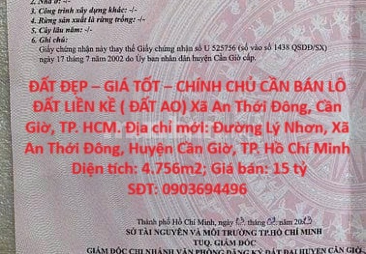 ĐẤT ĐẸP – GIÁ TỐT – CHÍNH CHỦ CẦN BÁN LÔ ĐẤT LIỀN KỀ ( ĐẤT AO) Xã An Thới Đông, Cần Giờ, TP. HCM