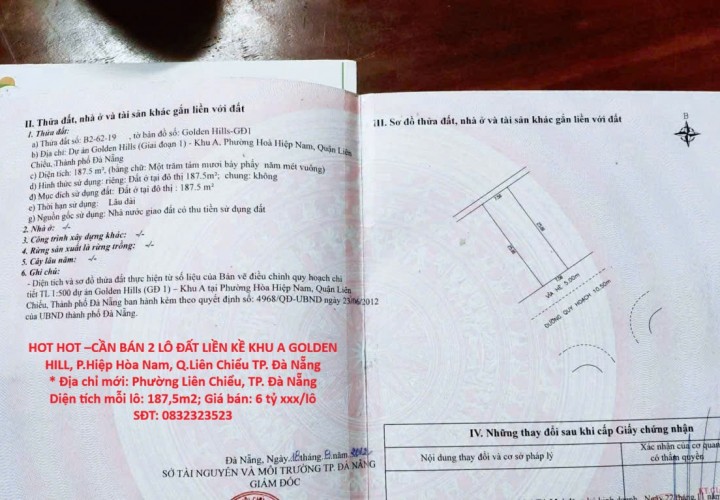 HOT HOT –CẦN BÁN 2 LÔ ĐẤT LIỀN KỀ KHU A GOLDEN HILL, P.Hòa Hiệp Nam, Q.Liên Chiểu TP. Đà Nẵng