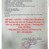 ĐẤT ĐẸP – GIÁ TỐT – CHÍNH CHỦ CẦN BÁN LÔ ĐẤT Đường Cồn Dầu 14, Phường Hòa Xuân, Q. Cẩm Lệ, Đà Nẵng.