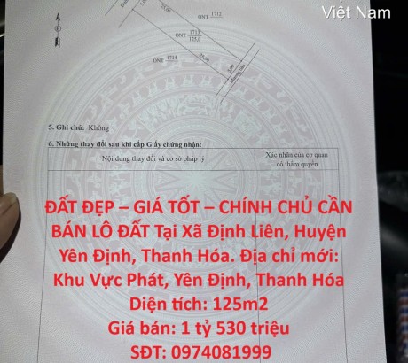 ĐẤT ĐẸP – GIÁ TỐT – CHÍNH CHỦ CẦN BÁN LÔ ĐẤT Tại Xã Định Liên, Huyện Yên Định, Thanh Hóa